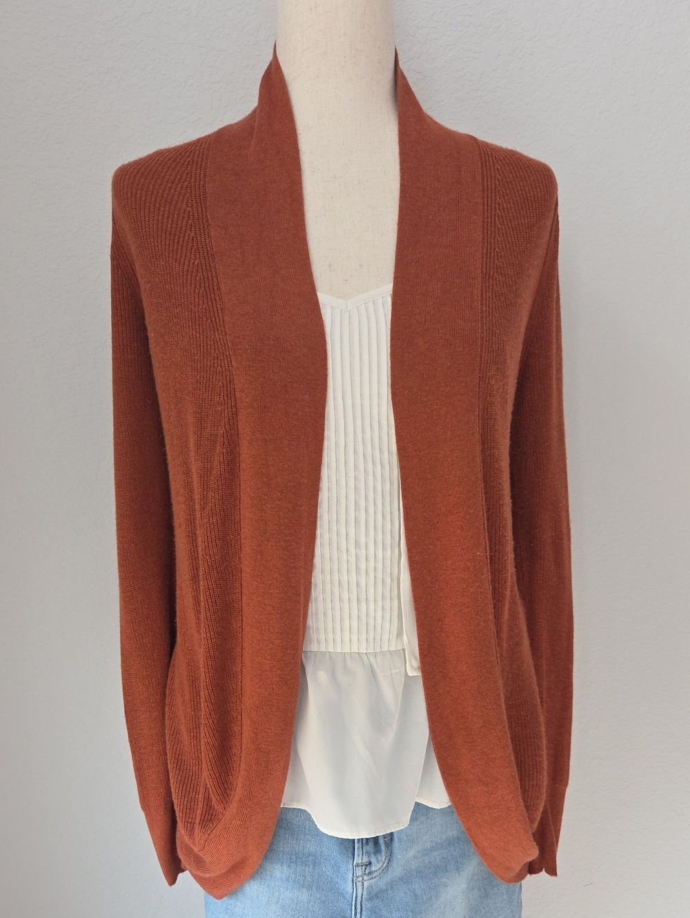 a new day Rust Pumpkin Spice Orange Brown Open Front Draped Cardigan Sweater